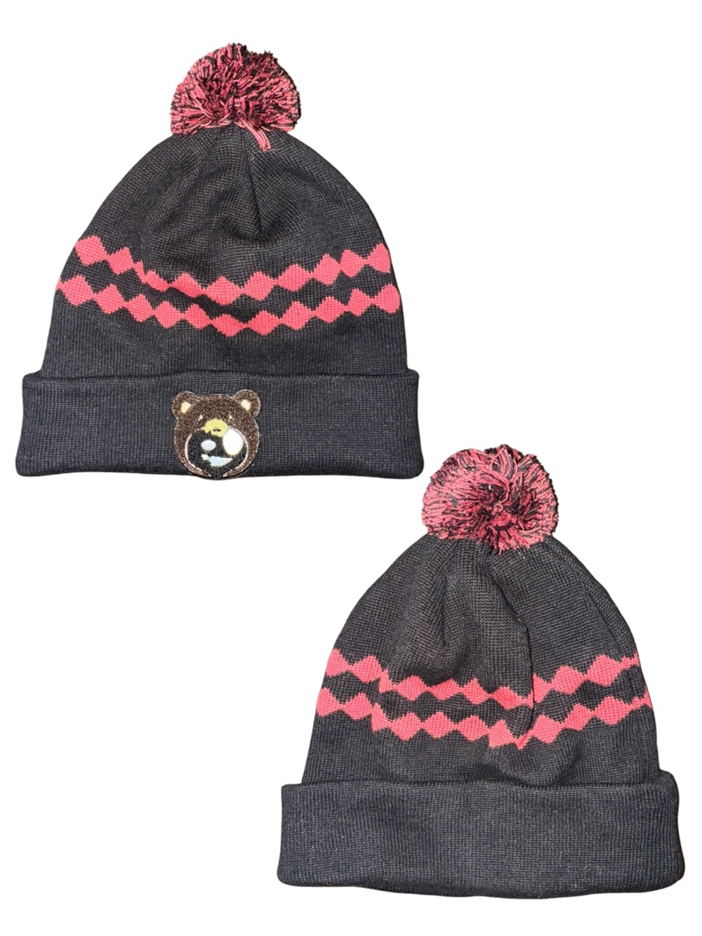 Kids Pom-Pom Beanie Hat - Black with Pink Accent